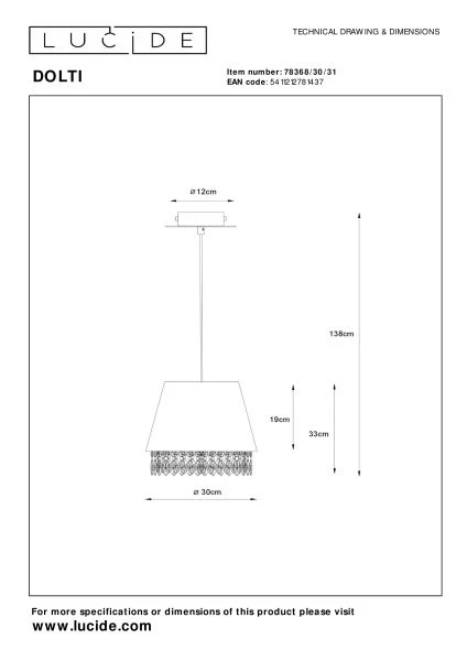 Lucide DOLTI - Hanglamp - Ø 30 cm - 1xE27 - Wit - technisch